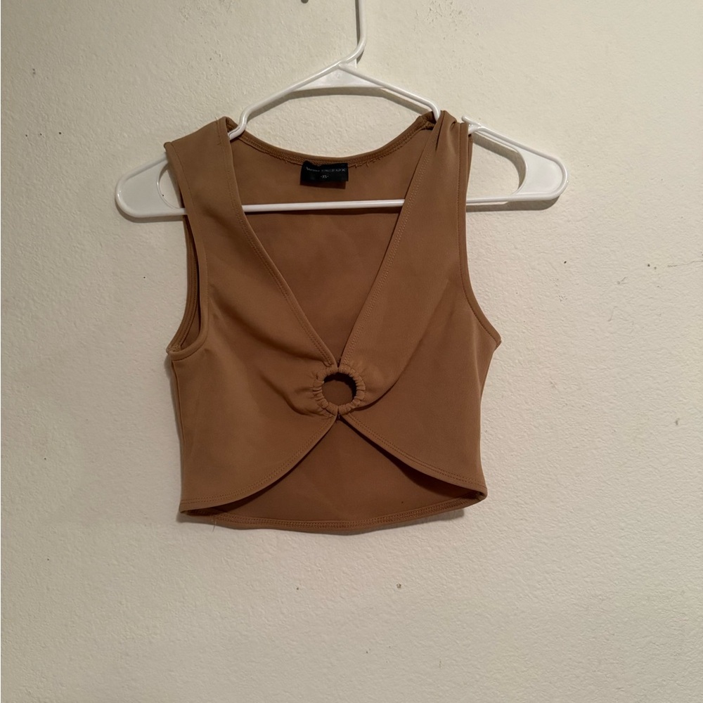 White fox crop top Tan V Neck With Gold Ring Cute